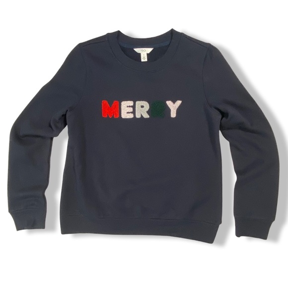 MERRY Holiday Festive Sweatshirt, Navy w/ raised textured multi-colored letters - Picture 5 of 12